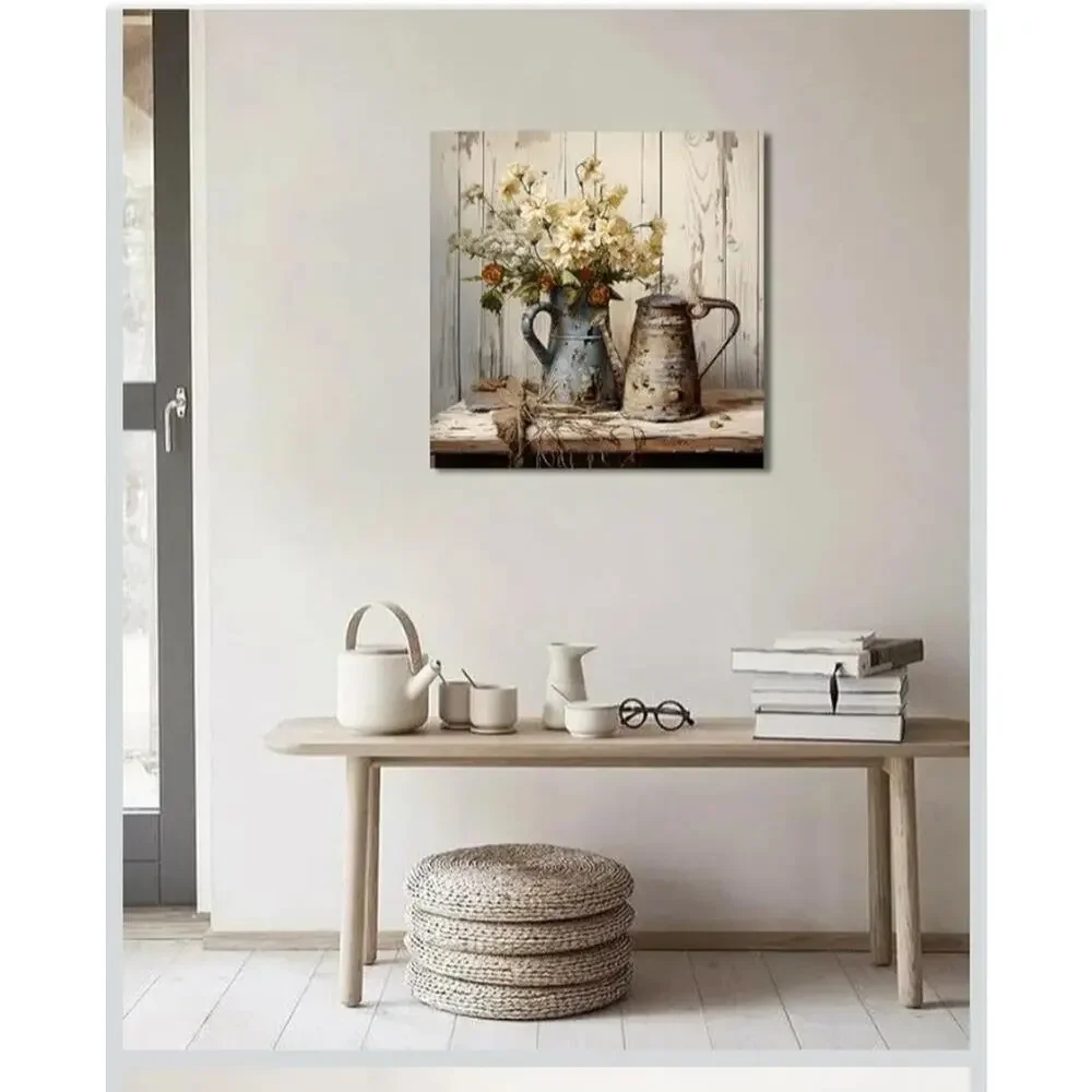 Farmhouse Vintage Rustic Floral Wall Art – Retro Flower Canvas Home Decor